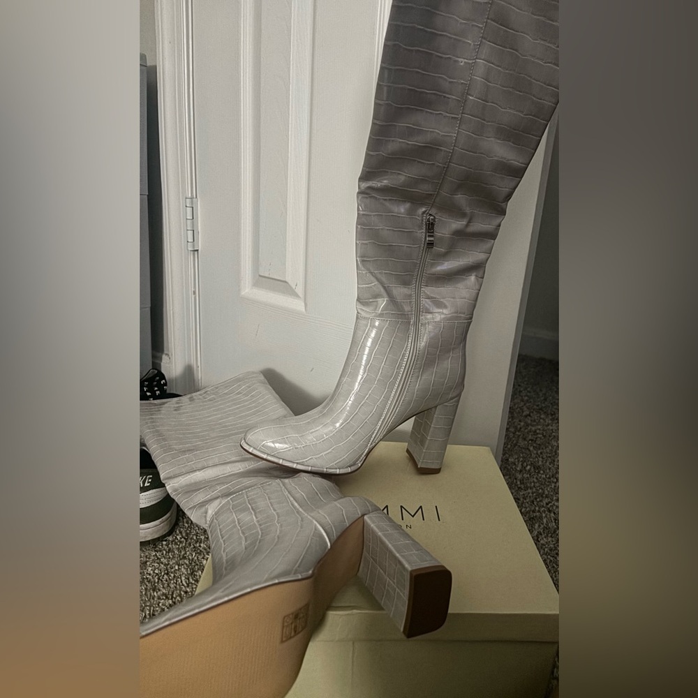 Oakley Croc-Embossed Over-the-Knee Block Heel Boots in Light Gray